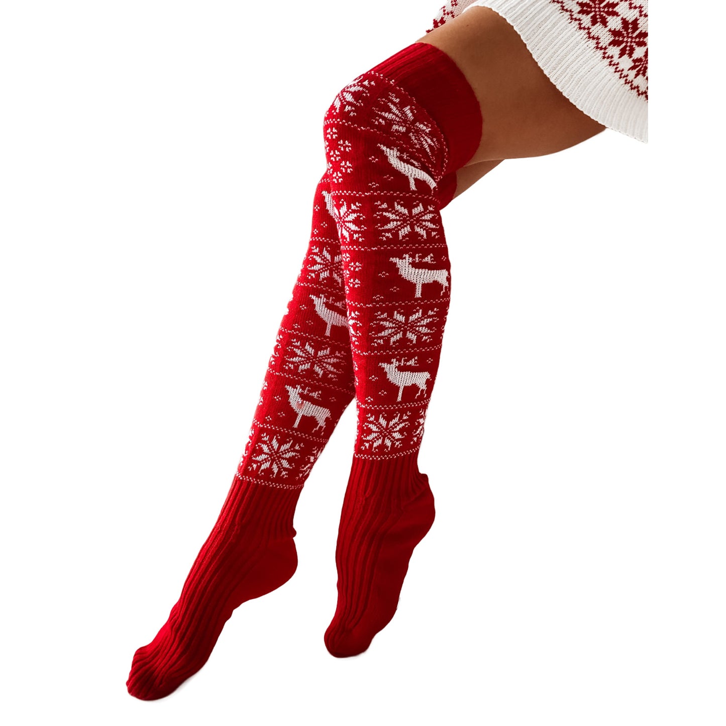 Women Long Socks Christmas Women Knitted Cotton Woolen Stocking Warm Thigh High Over The Knee Cute Deer Printing Socks Twist Cable Crochet