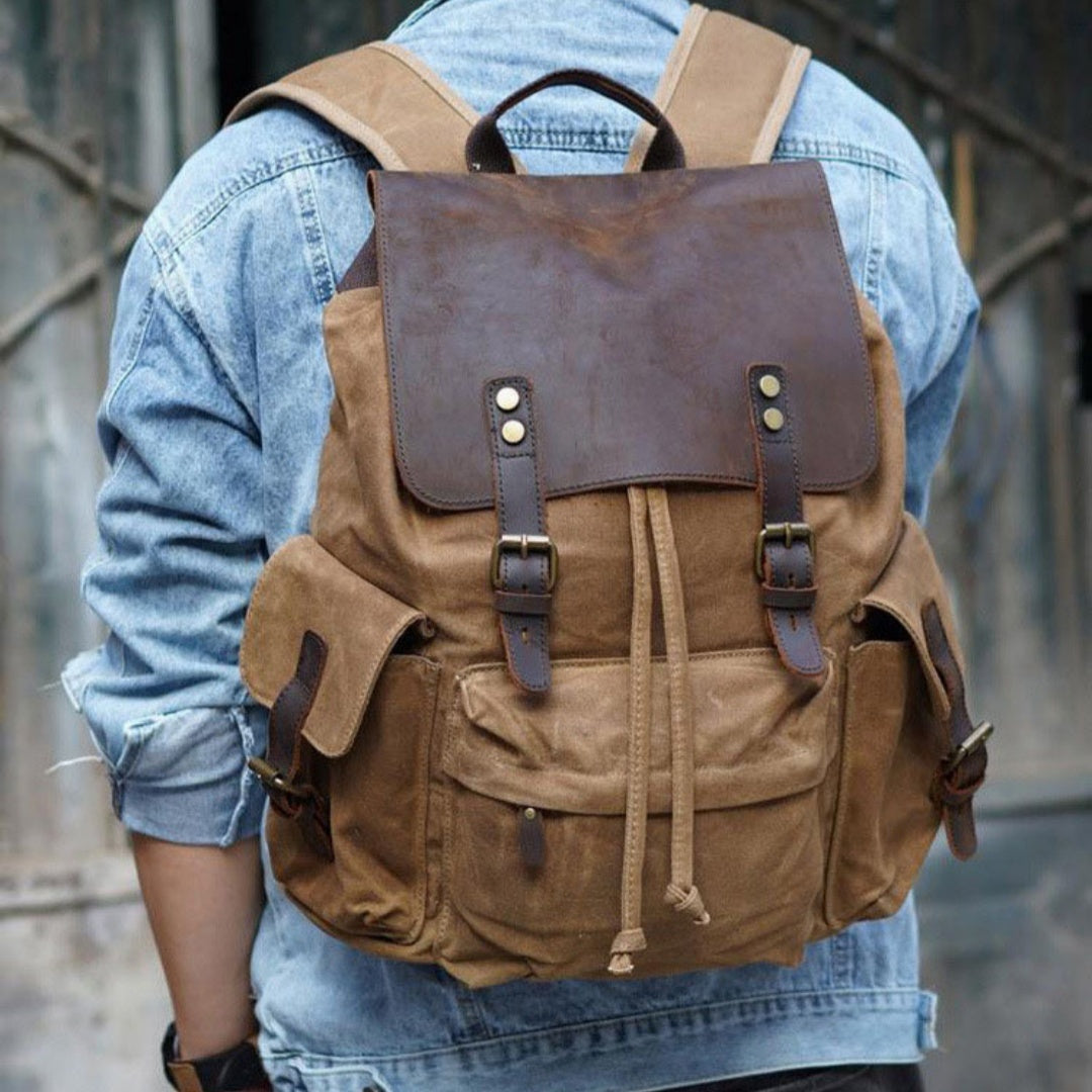 Men's Canvas Casual Backpack Trendy Computer Oil Wax Matching Hide Bag Fashion Brand